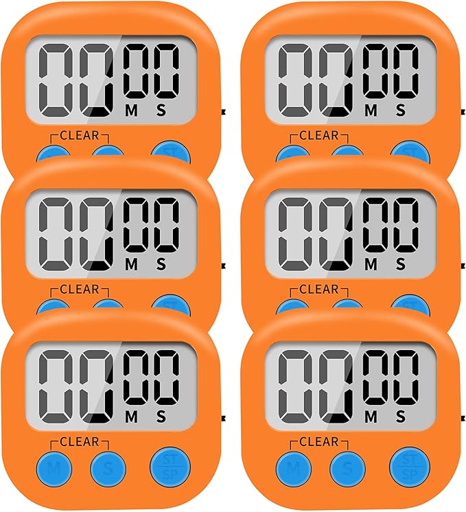 6 Pack Small Digital Kitchen Timer Magnetic Back and ON/Off Switch,Minute Second Count Up Countdown (Orange) by LinkDm