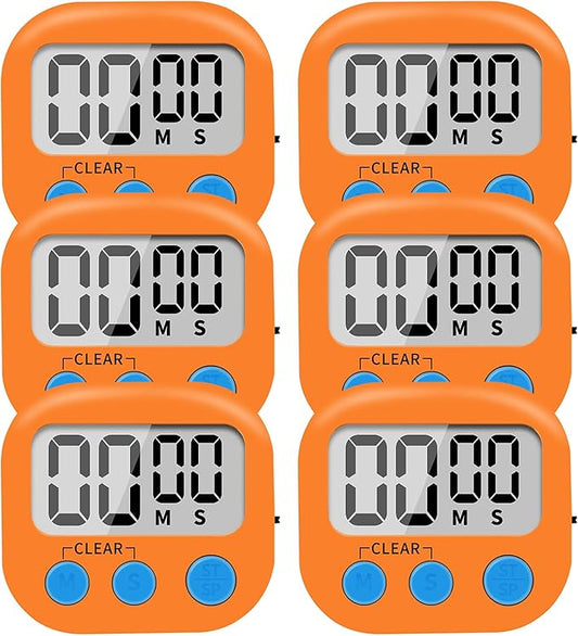 6 Pack Small Digital Kitchen Timer Magnetic Back and ON/Off Switch,Minute Second Count Up Countdown (Orange) by LinkDm