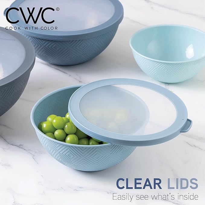 COOK WITH COLOR Mixing Bowls with Lids - 12 Piece Plastic Nesting Bowls Set includes 6 Prep Bowls and 6 Lids, Microwave Safe Mixing Bowl Set, Blue Rhombus - Image 4