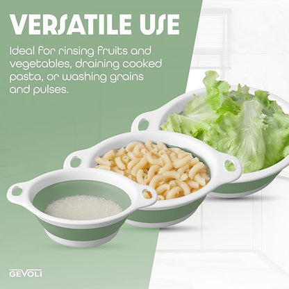 Gevoli Collapsible Colanders (3 Pack Set) Food Strainers with Over-Sink Water Draining Base for Pasta Fruits and Vegetables, White/Sage (3 Sizes, 3QT, 4QT and 5 Quart) - Image 6