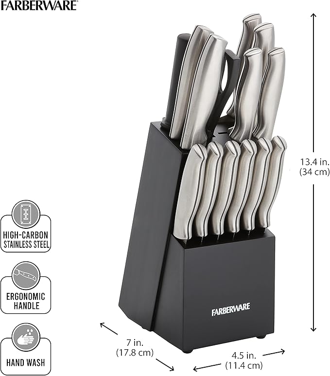 Farberware 15-Piece Stamped Stainless Steel Knife Block Set, High-Carbon Stainless Steel Kitchen Knife Set with Ergonomic Handles, Razor-Sharp Knives with Wood Block, 15-Piece, Black 2 - Image 9