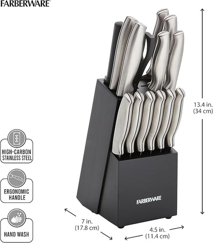 Farberware 15-Piece Stamped Stainless Steel Knife Block Set, High-Carbon Stainless Steel Kitchen Knife Set with Ergonomic Handles, Razor-Sharp Knives with Wood Block, 15-Piece, Black 2 - Image 9