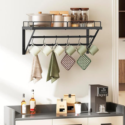 YATINEY Wall Mounted Pot Rack, 23.8 Inch Pot and Pan Organizer with 2 Tier Hanging Rails, 12 S-Hooks, Metal Pot Rack for Kitchen Cookware Organizer, Space Saving, for Kitchen Utensils, Black PR01BK - Image 7