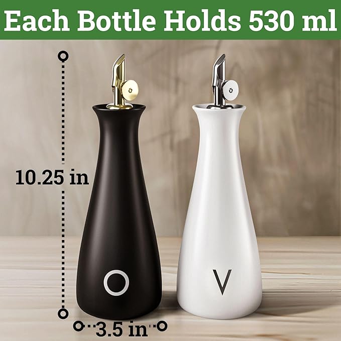 Oil and Vinegar Dispenser Set with Self-Closing Stainless Steel Spouts - 530 ML Capacity Matte Ceramic Leak Proof EVOO & Vinegar Dispensing Bottle Set of 2 - Olive Oil and Vinegar Dispenser Bottle Set - Image 6