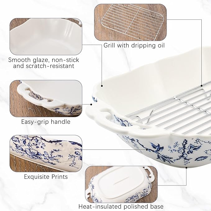 Vintage Casserole Dish 7.3 x 11.8, Ceramic Baking Dish with Oil Drip Rack, 1.26 Qt Blue and White Roasting Pan with Double Handles, Oven Safe and Durable for Baking, Lasagna, Wedding Gift - Image 3