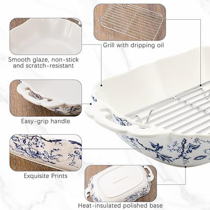 Vintage Casserole Dish 7.3 x 11.8, Ceramic Baking Dish with Oil Drip Rack, 1.26 Qt Blue and White Roasting Pan with Double Handles, Oven Safe and Durable for Baking, Lasagna, Wedding Gift - Image 3