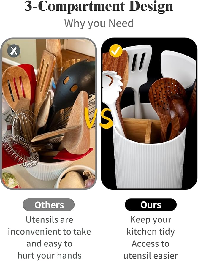 LoeJan 7.5" Utensil Holder, 3 Compartment Ceramic Kitchen Utensil Holder with Cork Bottom, Large Utensil Crock for Countertop, Cooking Tool Organizer Set for Kitchen Counter(White,Vertical Stripe) - Image 6