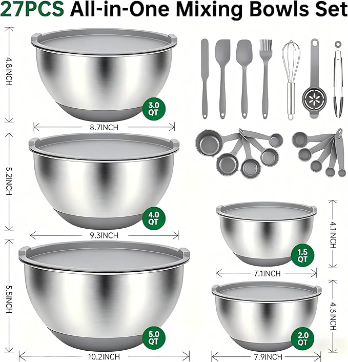 Deedro Premium Mixing Bowls with Airtight Lids Set, 22Pcs Thicker Stainless Steel Mixing Bowl Set, Large Prep Metal Bowls, Non-Slip Silicone Base Nesting Bowls for Kitchen, 1.5/2/3/4/5 QT, Gray - Image 2