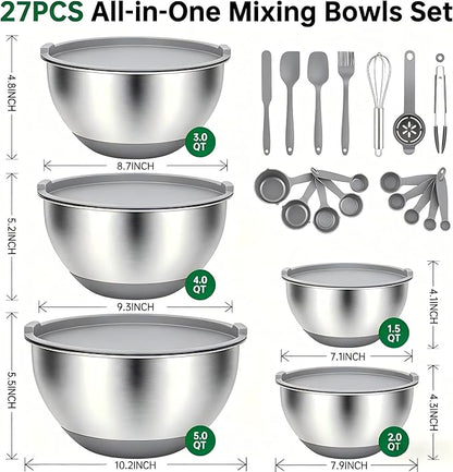 Deedro Premium Mixing Bowls with Airtight Lids Set, 22Pcs Thicker Stainless Steel Mixing Bowl Set, Large Prep Metal Bowls, Non-Slip Silicone Base Nesting Bowls for Kitchen, 1.5/2/3/4/5 QT, Gray - Image 2