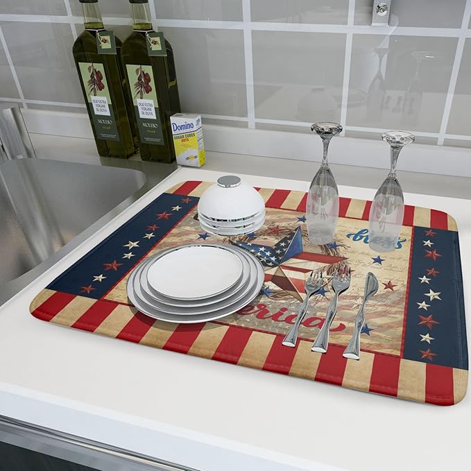 4th of July God Bless Dish Drying Mat for Kitchen Counter,American Flag Star Patriotic Independence Day Drying Mat 18 x 24 Inch with Absorbent Reversible Microfiber Drying Pad for Coffee Bar - Image 6