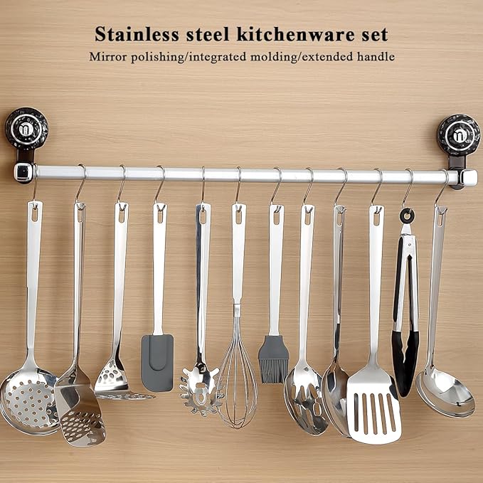 Kitchen Cooking Utensils Set 26 Pieces, Stainless Steel Heavy Duty Sturdy Kitchen Tool Set with Hooks, Metal Spatula & Spoon Set Ergonomic Hanging Handles for All Cooking Tasks