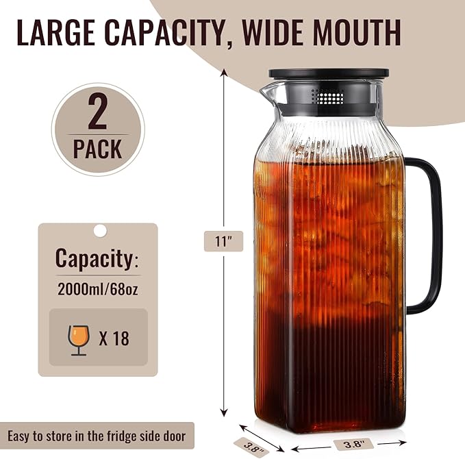 2 Pack 2 Liter/68 oz Square Glass Pitcher with Lid, Classic Stripes Water Pitchers with Handle for Fridge, Large Jug for Iced Tea, Coffee, Borosilicate Glass Carafe for Hot/Cold Brew Drink, Black - Image 2