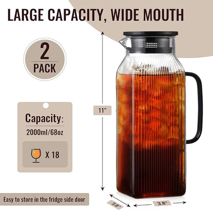 2 Pack 2 Liter/68 oz Square Glass Pitcher with Lid, Classic Stripes Water Pitchers with Handle for Fridge, Large Jug for Iced Tea, Coffee, Borosilicate Glass Carafe for Hot/Cold Brew Drink, Black - Image 2