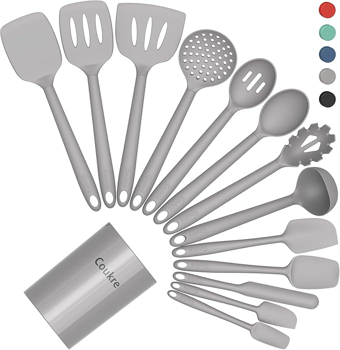 Coukre Silicone Kitchen Cooking Utensils Set with Holder – Heat-Resistant, Food-Grade Kitchen Tools, Spatula, Spoon & Gadgets for Non-Stick Pans, Dishwasher Safe (14, PureGray) by Coukre
