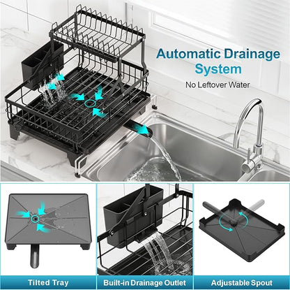 GSlife Large 2 Tier Dish Drying Rack, Expandable Heavy-Duty Dish Rack for Kitchen Counter, Rust-Resistant Dish Drainer with Utensil & Cup Holder, Auto-Drain, 16.9" W x 14.4"-22.4" L, Black - Image 3
