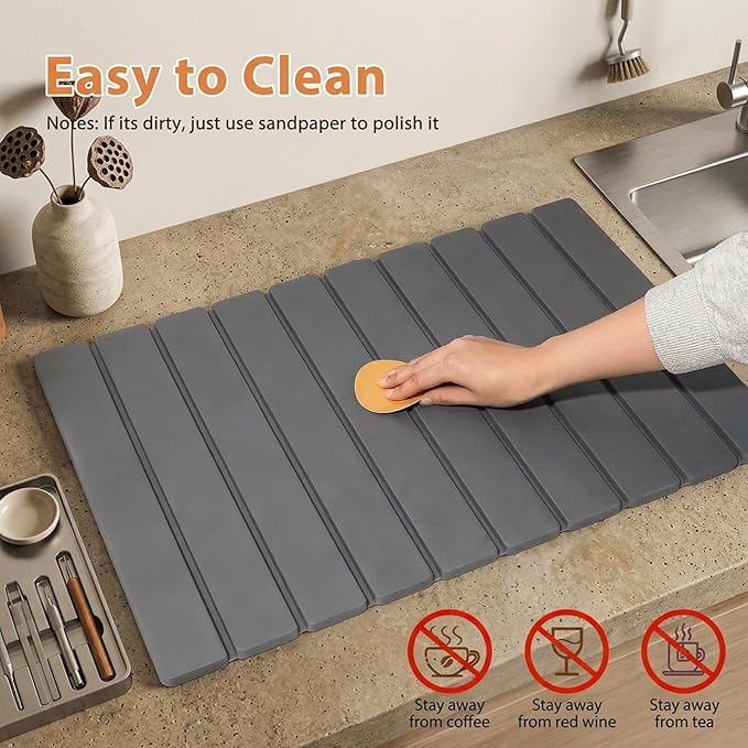 Large Stone Dish Drying Mat for Kitchen Counter, 2 PCS Quick Dry Diatomaceous Earth Dish Mat Set – Foldable Water Absorbing Kitchen Gadgets & Gifts, Home Essentials(Gray Ink 24"×16" & 8"x4") - Image 5