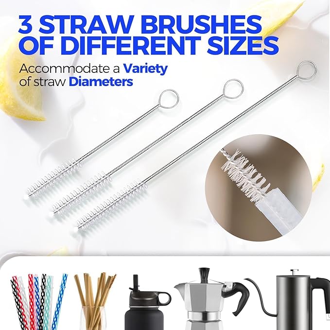 Holikme 5 Pack Bottle Brush Cleaner Set, 14" Long Handle Stainless Steel Bottle Cleaner Brush, 3 Straw Brushes, Bottle Cleaning Brush for Water Bottle, Cups, Baby Bottle, Straws Blue - Image 4