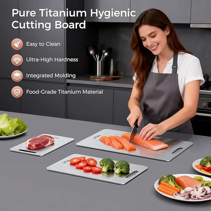 Titanium Cutting Board Set of 3, 100% Pure Titanium Cutting Boards for Kitchen, Non-Toxic, Double-Sided Chopping Boards for Raw & Cooked Food, Handles Included, Dishwasher Safe(13” x 8”) - Image 2