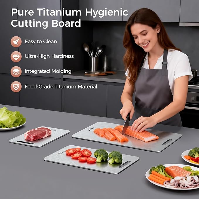 Titanium Cutting Board Set of 3, 100% Pure Titanium Cutting Boards for Kitchen, Non-Toxic, Double-Sided Chopping Boards for Raw & Cooked Food, Handles Included, Dishwasher Safe(16” x 10”) - Image 2