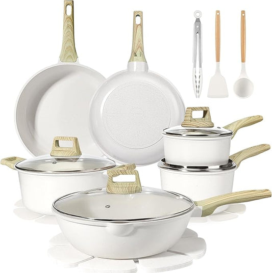 GiPP Ceramic Pots and Pans Set Non Stick - 18 Pcs Nonstick Cookware Set, Non-toxic Healthy Kitchen Cooking Set w/Frying Pans Set, Dishwasher Safe, PFAS PTFE PFOA PFOS Free, Cream White