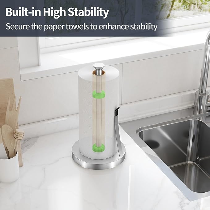 Jesginboo Brushed Nickel Paper Towel Holder for Kitchen, Stainless Steel Tension Arm for One-Handed Tear, Countertop Paper Towel Holder for Bathroom
