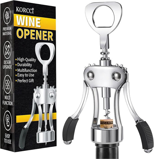 KORCCI Wine Opener, Heavy-Duty Zinc Alloy Wing Corkscrew, Premium Beer Bottle Opener, Multifunctional Wine Accessories with Ergonomic Handle and Sharp Screw, for Kitchen, Bar, Restaurant (BOX) by KORCCI