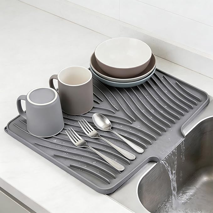 Silicone Dish Drying Mat 16x13,Food-Grade Silicone,Easy Clean Pad for Countertop Protection,Heat Resistant,Easy Clean,Non-Slip Drain Pad with Built-in Drain,Multi-Functional Use,Grey - Image 2