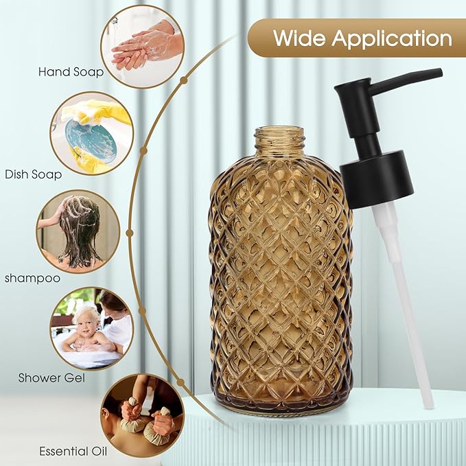 Topsky Gem Glass Soap Dispenser with Black Plastic Pump, 13oz Liquid Hand Soap Dispenser, Rustproof Pump for Kitchen & Bathroom, Great for Lotions, Essential Oil, Liquid Soaps-Amber - Image 6