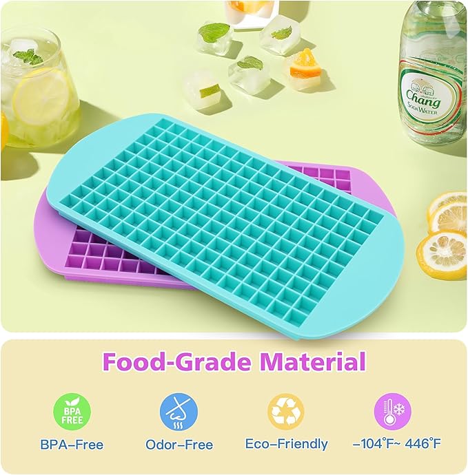 Mini Ice Cube Trays Set of 2-160 Small Ice Cubes Silicone Mold for Whiskey, Cocktails, Water Bottles - BPA Free Flexible & Stackable Ice Maker (Cyan&Purple) - Image 2