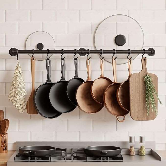KES 130lb High-Capacity 32 Inch Pot Rack Wall Mounted with 3X Thick Tube, Pot and Pan Hanger with 10 Hooks for Cast Iron Utensil, Kitchen Pot Rail with Drilling Template for 16" Stud Mount, Black by KES