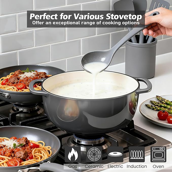 Enameled Cast Iron Dutch Oven - Umite Chef 6QT Pot with Lid & Cotton Potholders - Dual Handles -Versatile Heavy Duty Cookware for Bread Baking，Braising, Stews, Roasting（Grey） - Image 6