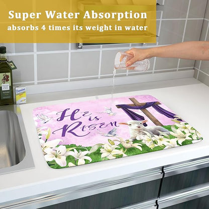 Giwawa Easter Purple Dish Drying Mat, He is Risen Cross Lamb Floral Dish Drainer Mats, Spring Lily Flowers Reversible Dish Drying Rack Pad Protector for Kitchen Countertop Decor, 18"x24"