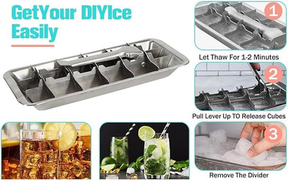 Metal Ice Cube Trays, Stainless Steel Ice Cube Trays, 18-Slot Ice Cube Tray with Easy Release Handle, Detachable Ice Trays for Bars Kitchens Dishwasher, Stainless Steel Ice Cube