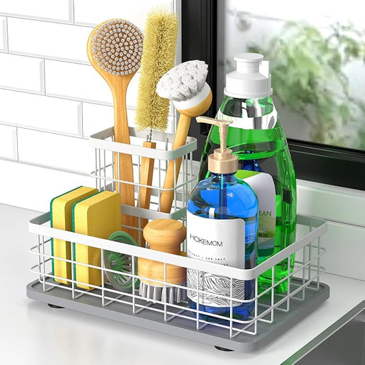 Kitchen Sink Caddy Organizer, [Stay-Dry Anywhere & No Drainage Needed] Sponge Holder for Kitchen Sink Countertop,Stainless Steel with Rust-Resistant Coating-10.24" L x 6.5" W x 5.83" H by HOKEMOM