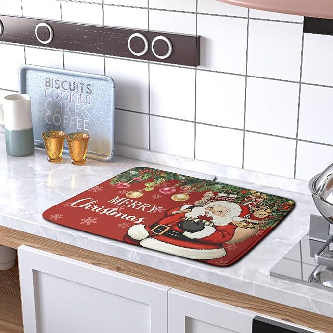 Merry Christmas Dish Drying Mat Santa Claus Kitchen Drainer Mats Microfiber Absorbent Winter Xmas Holiday Dishes Pad Reusable Dish Rack Mat for Countertop Tableware Decor 16x18 Inch - Image 5