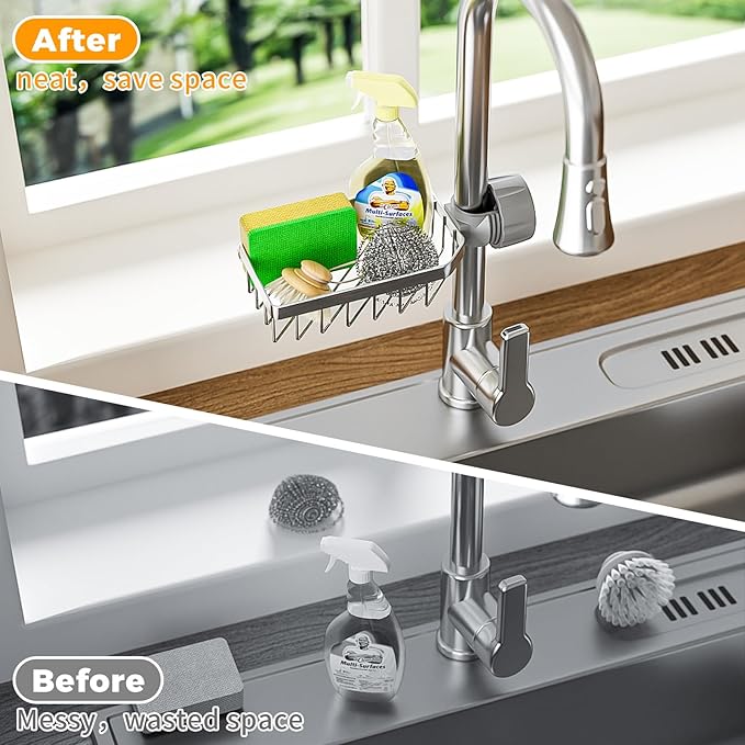 LONIN Stainless Steel Kitchen Sink Organizer Caddy – Over Faucet Sponge & Brush Holder, Rust-Resistant, Adjustable Universal Fit Faucet Rack, Quick Drain Sink Space Saver - Image 2
