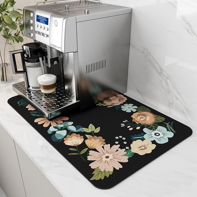 AMOAMI Coffee Mat Hide Stain Rubber Backed Absorbent Dish Drying Mat for Kitchen Counter - Bar Accessories Fit Under Coffee Maker, Espresso Machine, Dish Rack - Floral Black 16x24 by AMOAMI
