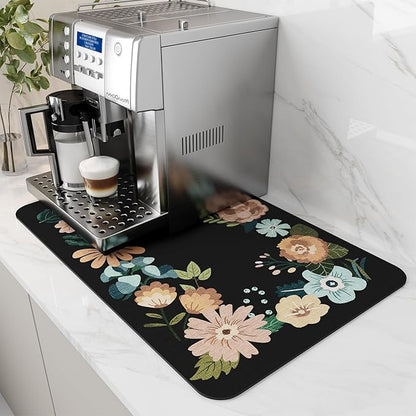 AMOAMI Coffee Mat Hide Stain Rubber Backed Absorbent Dish Drying Mat for Kitchen Counter - Bar Accessories Fit Under Coffee Maker, Espresso Machine, Dish Rack - Floral Black 16x24 by AMOAMI