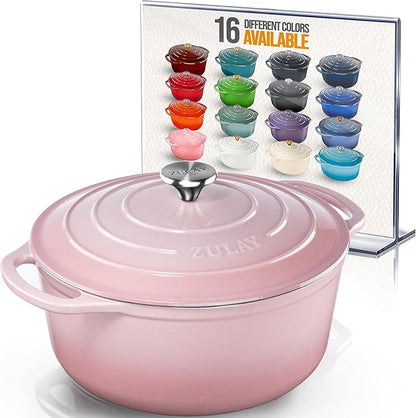 Zulay Kitchen 6 Quart Enameled Cast Iron Dutch Oven Pot with Lid – Premium Durability & Oven Safe up to 500°F – Heavy Duty Cookware Perfect for Bread Baking, Stews, Braising & Roasting - Pink by ZulayKitchen