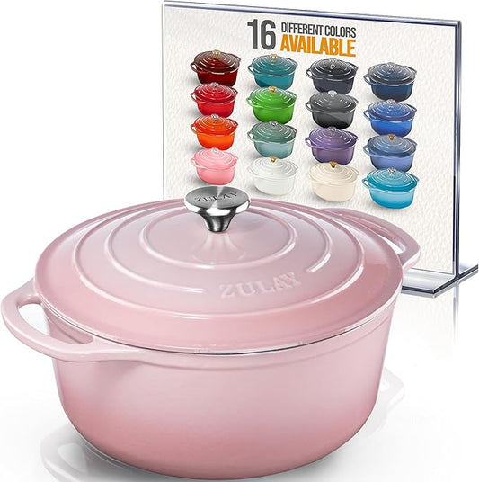 Zulay Kitchen 6 Quart Enameled Cast Iron Dutch Oven Pot with Lid – Premium Durability & Oven Safe up to 500°F – Heavy Duty Cookware Perfect for Bread Baking, Stews, Braising & Roasting - Pink by ZulayKitchen