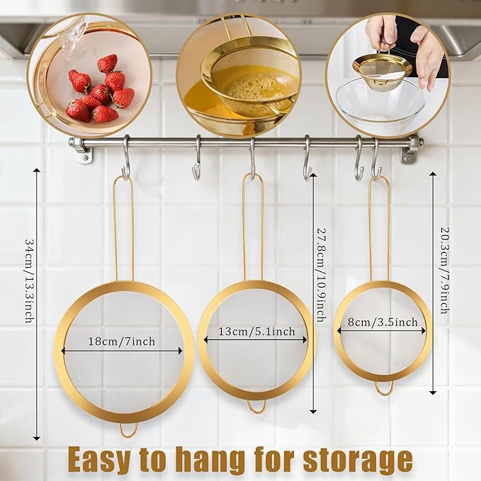 Strainers and Colanders Set, 2 PCS Stainless Steel Colander and 3 PCS Fine Mesh Strainer Gold Metal Pasta Rice Colanders & Food Strainers with Handles for Kitchen, Dishwasher Safe (5 Quart+4 Quart) - Image 4