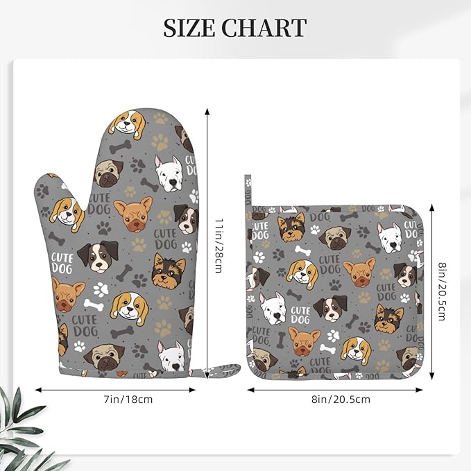 Cute Dog Oven Mitts and Pot Holders Sets Heat Resistant Non-Slip Silicone Oven Gloves Kitchen Accessories for Cooking Baking Grilling BBQ