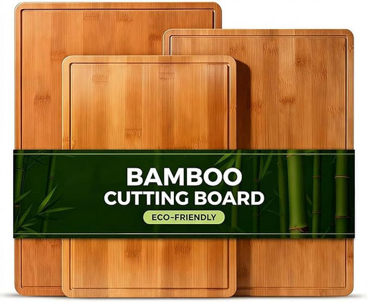 Carbonized Bamboo Cutting Boards for Kitchen, XL Durable Wood Cutting Board with Juice Grooves and Handles, Set of 3 Solid Charcuterie Board for Meal Prep & Serving (13x9.5, 14.5x10.5, 16x11.5) by ZarlerOfficial