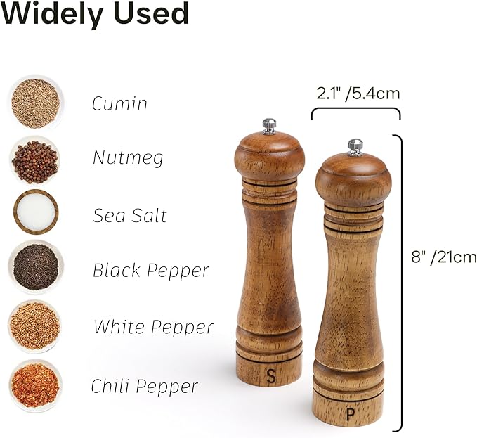 Wooden Salt and Pepper Grinder Set, Premium Oak Wood Salt Grinders Shakers, Manual Pepper Mill with S and P Engraving, Adjustable Ceramic Grinder for House Warming Cooking Gifts – 8 inches, 2 Pack - Image 4