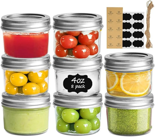 ComSaf Mini Mason Jars 4oz - 8 Pack, Regular Mouth Mason Jar with Lids and Seal Bands, Small Glass Canning Jar for Spice, Jam, Honey, Jelly, Dessert, Shower Wedding Favors, DIY Candles Decor by ComSaf