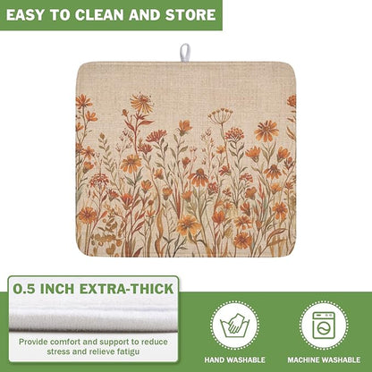 Fall Floral Dish Drying Mat for Kitchen Counter 16 x 18 Inch Autumn Sunflower Dish Drainer Mat Absorbent Microfiber Thanksgiving Dish Rack Pad for Coffee Dining Bar Kitchen Decor