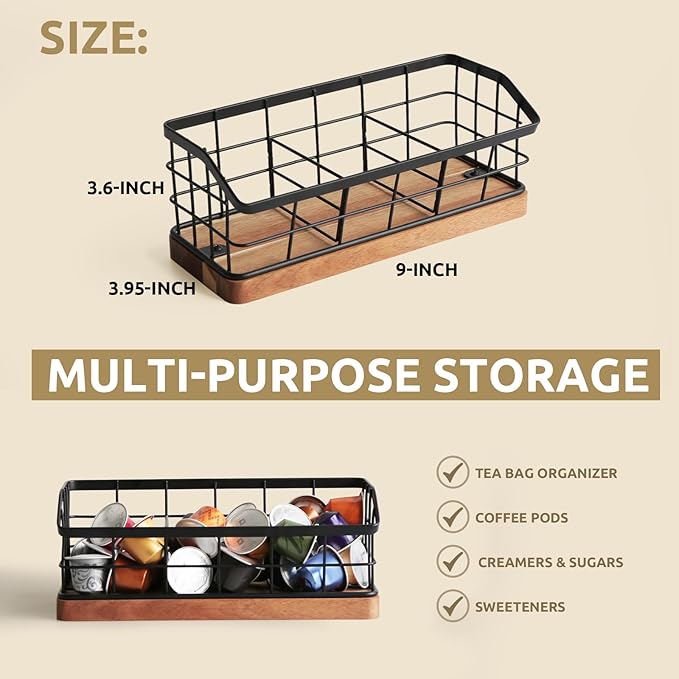WILDMOS Tea Bag Organizer,Iron Wire Basket with Wooden Base.Tea Storage Containers with 3 Slots,Sugar Packet,Tea Bar Accessories for Countertop Cabinet Drawer. - Image 6