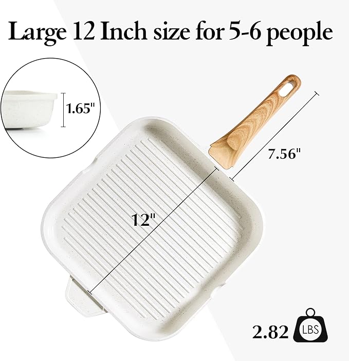 SENSARTE Nonstick Ceramic Grill Pan for Stove Tops, Square Grilling Pan with Pour Spouts, Non Toxic Durable Grill Skillet for All Stoves(Gas,Electric,Induction) PTFE,PFAS,PFOA Free, 12Inch (White) - Image 7
