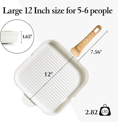 SENSARTE Nonstick Ceramic Grill Pan for Stove Tops, Square Grilling Pan with Pour Spouts, Non Toxic Durable Grill Skillet for All Stoves(Gas,Electric,Induction) PTFE,PFAS,PFOA Free, 12Inch (White) - Image 7