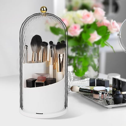 QIYVLOS Toothbrush Holders with Sliding Lid, Rotating 3 Slots Bathroom Organizer Countertop, Tooth Brush Toothpaste Holder Bathroom Counter Stand Caddy for Vanity Makeup Brushes Holder (White)